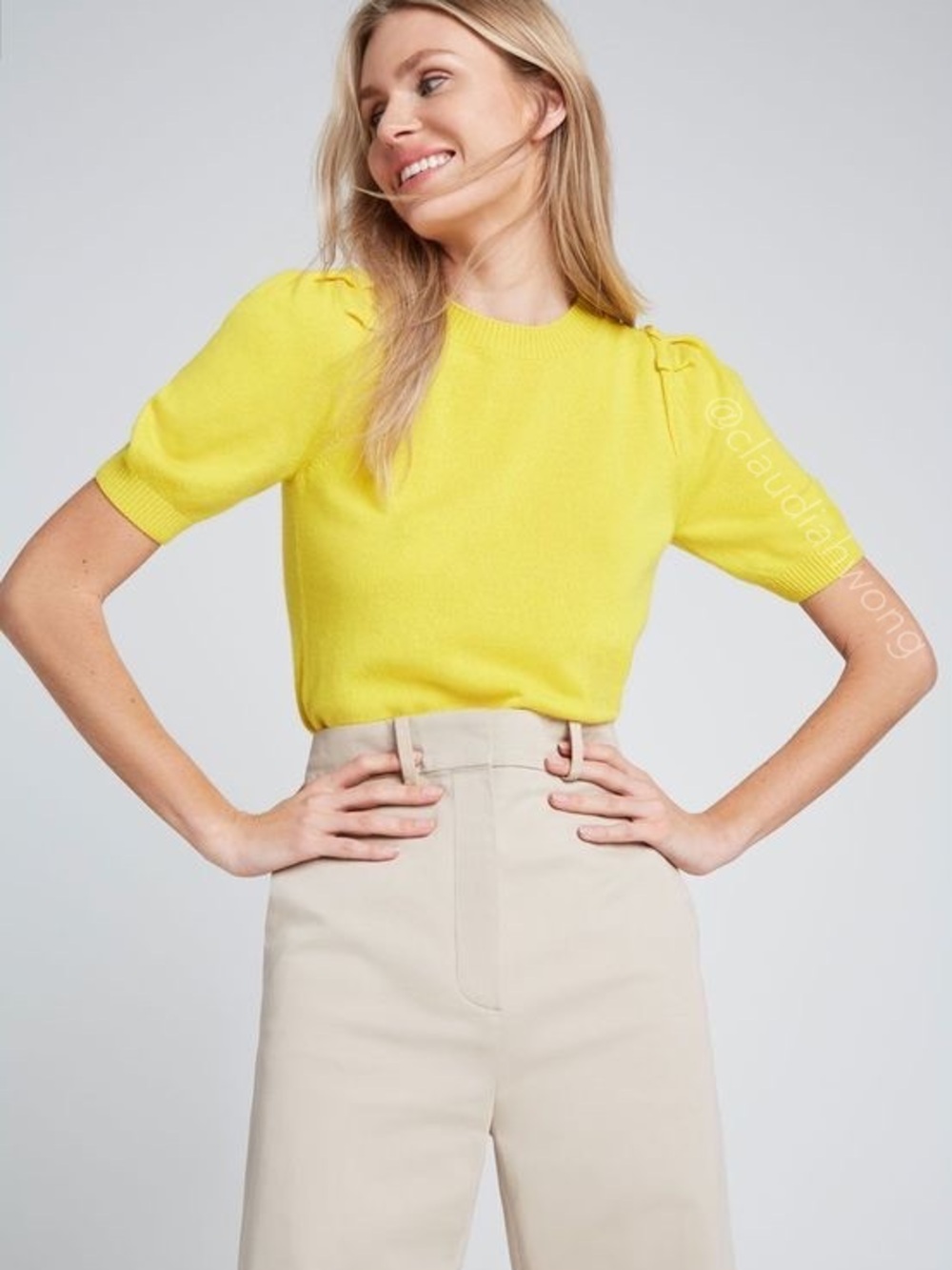 New GWYN Shelby 100% Cashmere Puff Short Sleeve Sweater in Forsythia Yellow